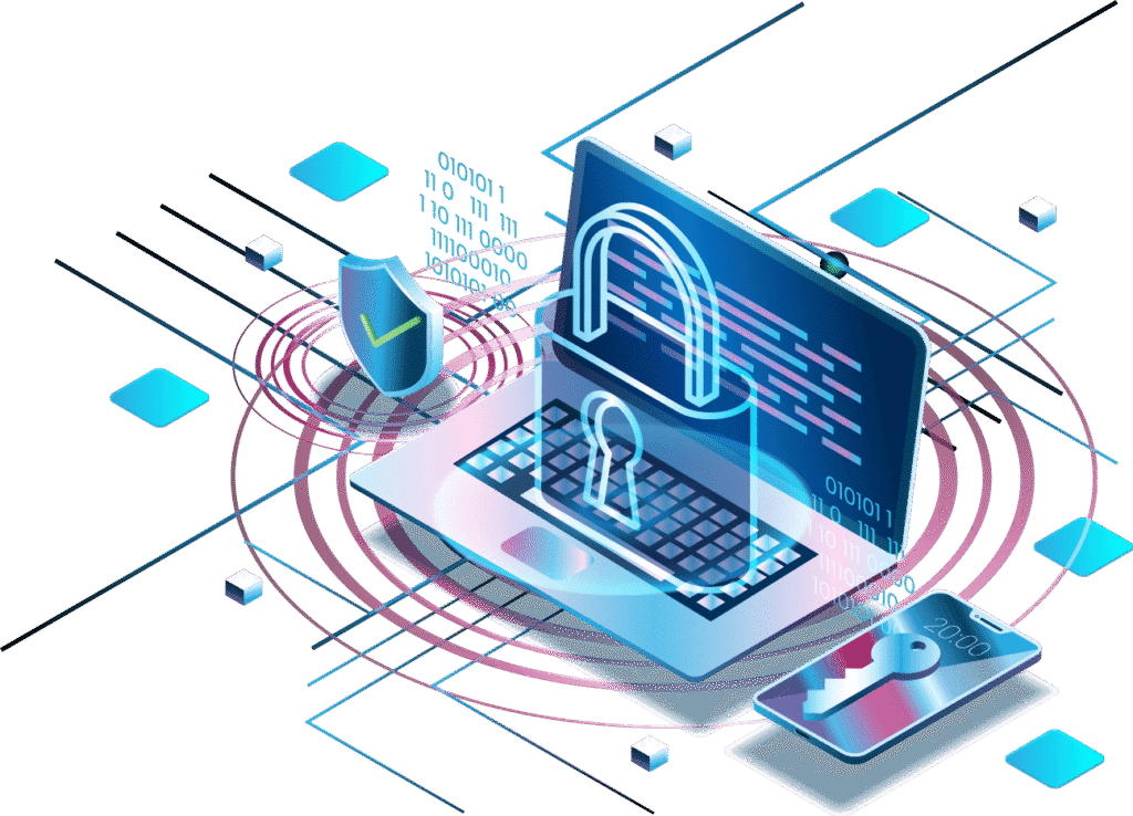 Illustration of a secured laptop with a padlock representing data protection